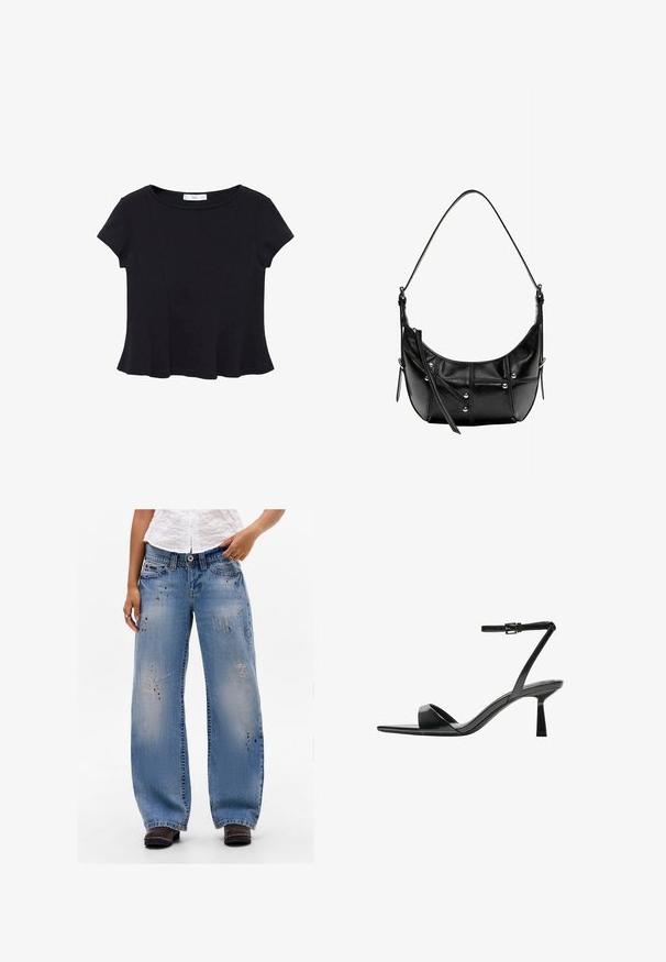 Top scurt din material moale, de culoare neagră, cu decolteu rotund și tiv evazat, având detalii discrete de cusătură.; Persoană îmbrăcată cu jeanși largi, de culoare albastră, cu pete de decolorare și stropi de vopsea, asortați cu pantofi maro închis și un top alb.; Bershka Sandale cu toc - black; Geantă de umăr din piele neagră cu o formă curbată, având accesorii din metal argintiu și detalii de cusătură. Curea ajustabilă pentru versatilitate.