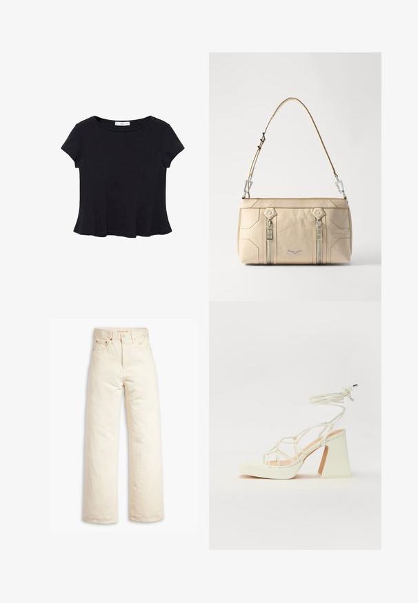 Črna majica s kratkimi rokavi iz mehkega materiala, z zaobljenim izrezom in razširjenim robom s subtilnim šivnim detajlom.; Bež široke hlače iz jeansa, narejene iz bombažnega denima. Značilnosti vključujejo visok pas, gumbasto zapiranje in dizajn s petimi žepi. Gladka, trpežna tekstura.; Bela sandala na visokih petah s debelim petam, ki ima obliko trakcev in vezanje okoli gležnja. Gladka tekstura z platformo spredaj za dodatno višino.; Bežna usnjena torbica z argentinsko kovino, dvema stranskima zadrgama, strukturirano zasnovo in snemnim trakom za vsestranskost.
