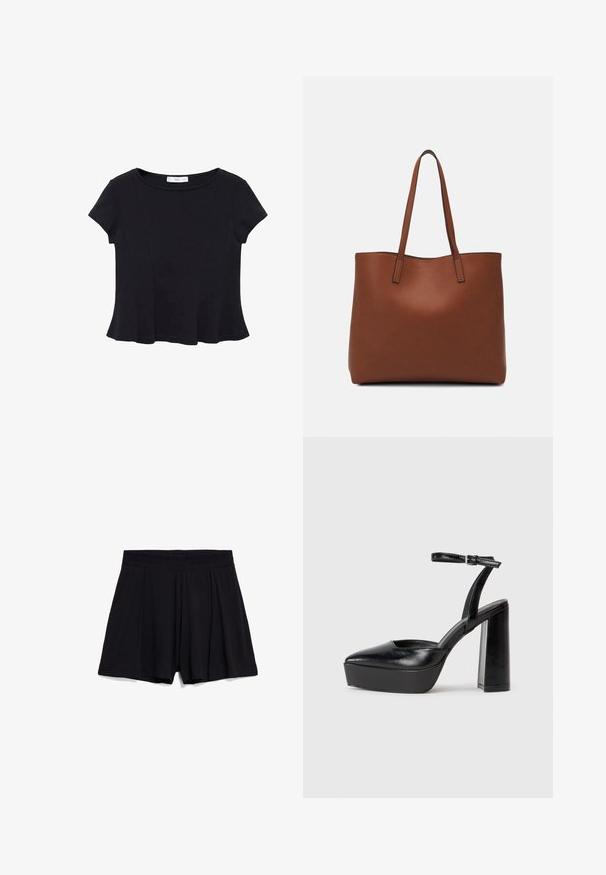Zwarte korte mouwen top van zacht materiaal, met een ronde halslijn en een uitlopende onderkant met subtiele naaddetail. ; Zwarte katoen shorts met een geplooid ontwerp, elastische tailleband en een gladde textuur. Geen zakken of extra hardwaredetails zichtbaar.; Zwarte plateauhakken met een puntige neus en verstelbare enkelband. Gemaakt van soepel leer, met een robuuste blokhak.; Bruine leren tote bag met een gladde textuur, een ontwerp met een open bovenkant en twee schouderbanden. Kenmerkt zich door minimale stiksels en geen zichtbare hardware.