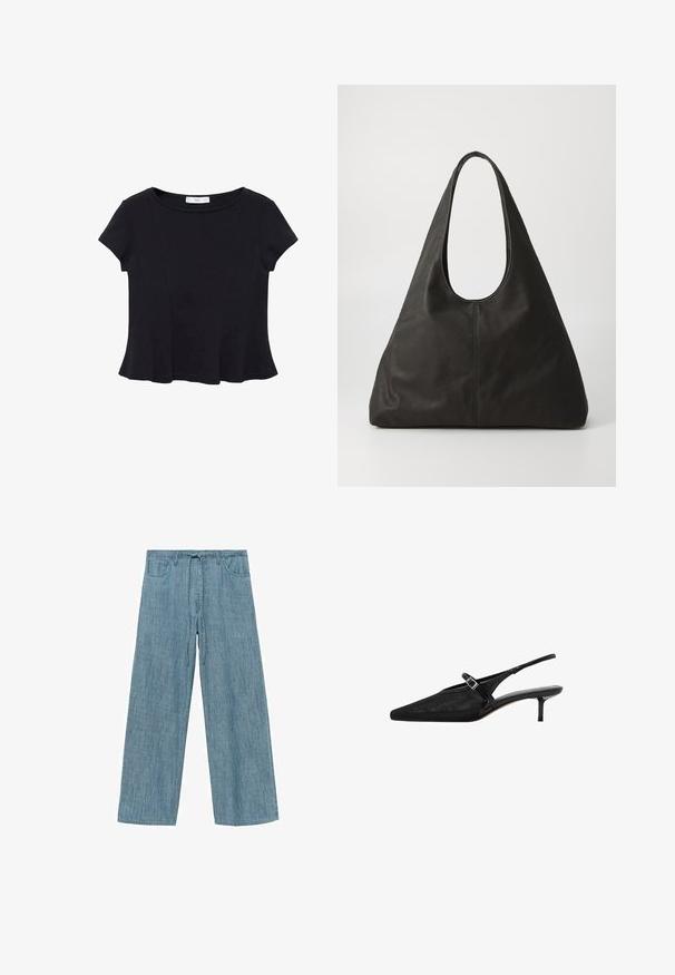 Zwarte korte mouwen top van zacht materiaal, met een ronde halslijn en een uitlopende onderkant met subtiele naaddetail. ; Lichtblauwe gestreepte wijde pijpenbroek met een trekkoord in de taille, voorzien van twee zijzakken en een zachte, gestructureerde stof.; Zwarte slingback hakken met puntige neuzen, een gestructureerde mesh bovenkant, slanke verstelbare band met zilveren gesp en 5 cm stiletto hakken.; Zwarte leren tote bag met een gebogen handvat, langwerpige driehoekige vorm en een zachte textuur. Kenmerkt zich door een minimalistisch ontwerp zonder zichtbare hardware.