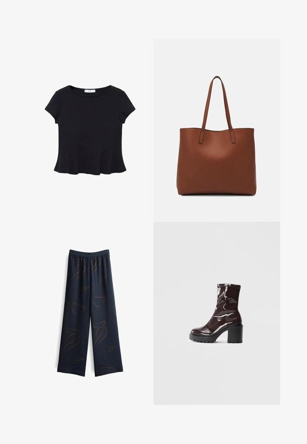 Zwarte korte mouwen top van zacht materiaal, met een ronde halslijn en een uitlopende onderkant met subtiele naaddetail. ; Navy wijde broek van stof met een gestructureerde afwerking, met abstracte bruine patronen en een elastische tailleband voor comfort.; Glanzende bordeauxrode enkelboot met een chunky zwarte hak, met een gladde textuur en een eenvoudig ontwerp. Geen zichtbare sluitingen of patronen.; Bruine leren tote bag met een gladde textuur, een ontwerp met een open bovenkant en twee schouderbanden. Kenmerkt zich door minimale stiksels en geen zichtbare hardware.
