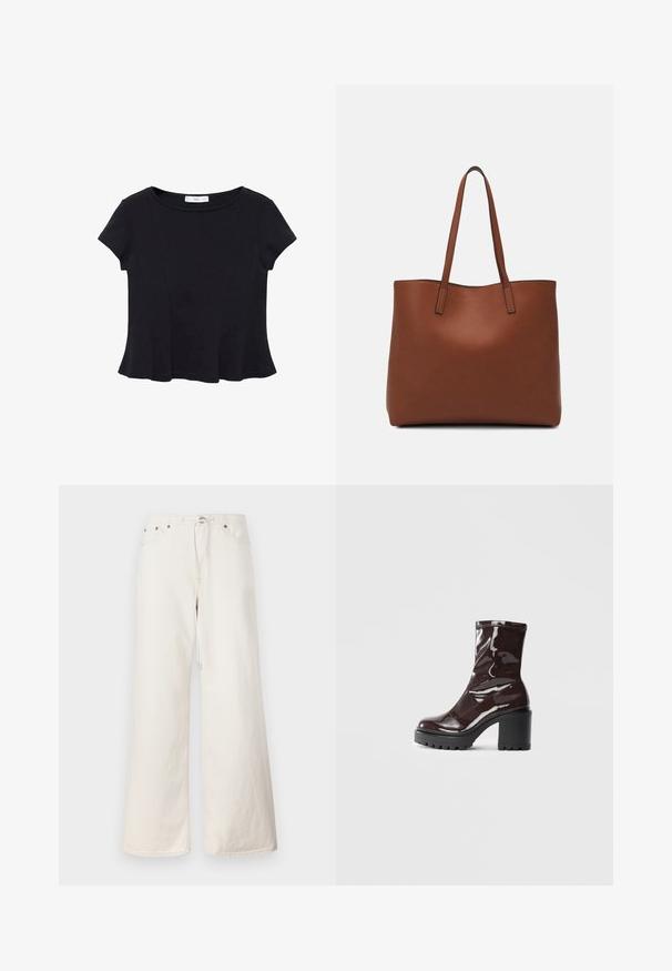 Schwarzes kurzärmeliges Top aus weichem Stoff, mit rundem Ausschnitt und ausgestelltem Saum mit dezenten Nahtdetails.; Weiße, weit geschnittene Denim-Hosen mit elastischem Zugband in der Taille, Fronttaschen und dezenten Nähten. Hergestellt aus strapazierfähigem Baumwollmaterial.; Glatte bordeauxrote Ankle Boots mit einem klobigen schwarzen Absatz, die eine glatte Oberfläche und ein einfaches Design aufweisen. Keine sichtbaren Verschlüsse oder Muster.; Braune Leder-Tote mit glatter Textur, offenem Oberteil und zwei Schulterriemen. Verfügt über minimale Nähte und keine sichtbaren Beschläge.