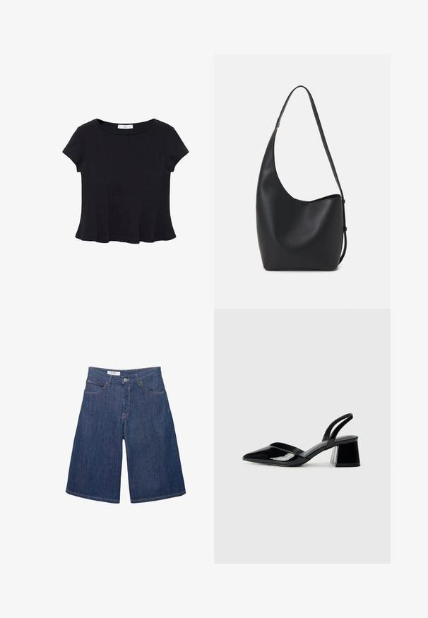 Crni kratki rukav majica od mekog materijala, s okruglim izrezom i raširenim rubom s suptilnim detaljima šavova.; Traperice s kratkim nogavicama, slobodnog kroja, tamnoplave boje, s prednjim džepovima i ušivenim rubovima, s jednim metalnim gumbom na struku.; Crne lakirane kožne sandale s otvorenom petom i špicastim vrhom, s geometrijskom blok petom. Imaju elegantan, minimalistički dizajn i glatku teksturu.; Crna kožna hobo torba s glatkom teksturom, zakrivljenim oblikom i jednom podesivom trakicom; ima širok otvor na vrhu.