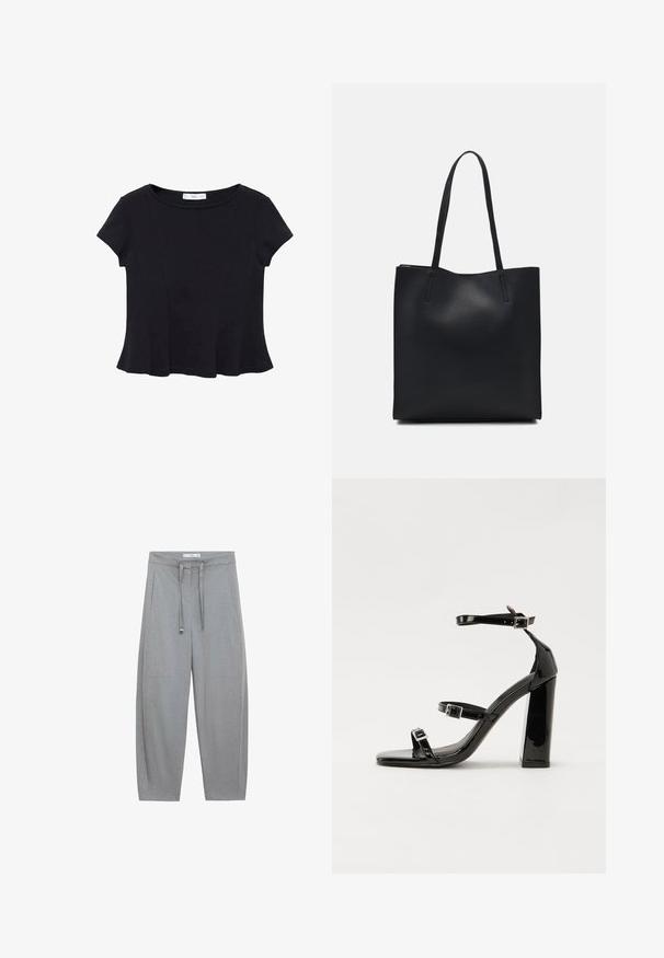 Schwarzes kurzärmeliges Top aus weichem Stoff, mit rundem Ausschnitt und ausgestelltem Saum mit dezenten Nahtdetails.; Graue, weite Hosen mit strukturiertem Stoff, Kordelzugbund und zwei Fronttaschen; maßgeschneiderte Bauweise mit minimalistischem Stil.; Schwarze Lackleder-Sandalen mit hohen Absätzen, zwei Riemen mit Schnallen, quadratischer Zehenpartie und klobigem Blockabsatz, mit einer glatten, glänzenden Textur.; Schwarze Laptoptasche aus Leder mit glatter Textur, rechteckiger Form und zwei langen Griffen. Keine sichtbaren Beschläge oder Verzierungen.