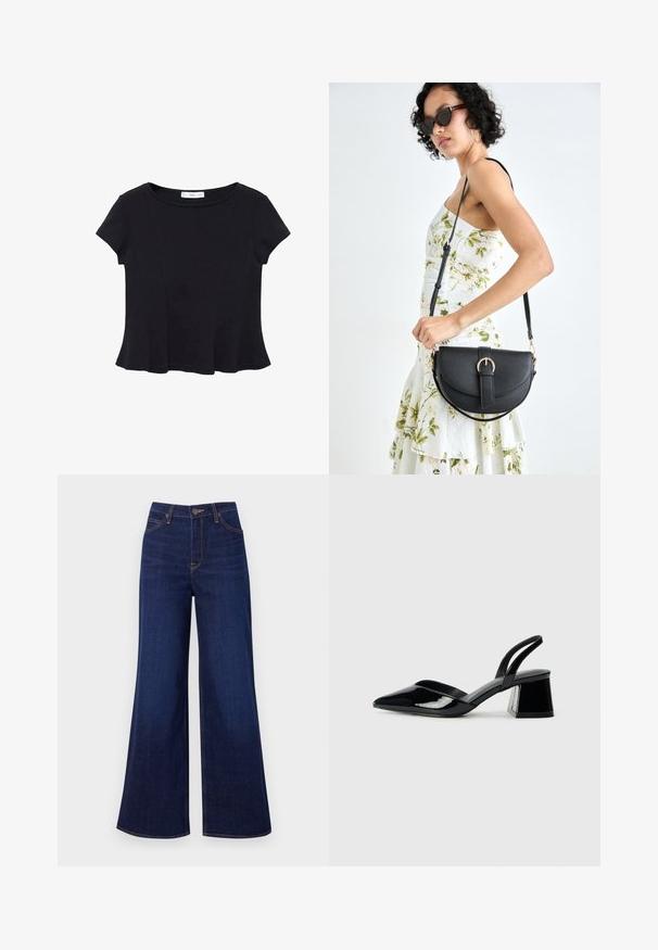 Zwarte korte mouwen top van zacht materiaal, met een ronde halslijn en een uitlopende onderkant met subtiele naaddetail. ; Donkerblauwe wijde jeans van denim, met een hoge taille, vijf zakken en contrasterende oranje stiksels langs de naden.; Zwarte gepatineerde leren slingback hakken met een spitse neus en een geometrische blokhak. Kenmerkt zich door een slank, minimalistisch ontwerp en een gladde textuur.; Zwarte leren handtas met een gebogen vorm, afneembare schouderband en gouden hardware. De tas heeft een klep met een gespsluiting.