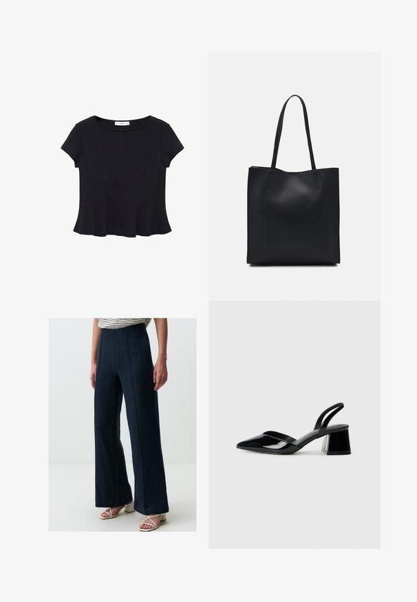 Zwarte korte mouwen top van zacht materiaal, met een ronde halslijn en een uitlopende onderkant met subtiele naaddetail. ; Wijde broek in donker marineblauw stof met een gladde textuur, voorzien van verticale naden voor extra structuur. Gecombineerd met sandalen met hakken en bandjes.; Zwarte gepatineerde leren slingback hakken met een spitse neus en een geometrische blokhak. Kenmerkt zich door een slank, minimalistisch ontwerp en een gladde textuur.; Zwarte leren handtas met een gladde textuur, rechthoekige vorm en twee lange handvaten. Geen zichtbare hardware of versieringen.