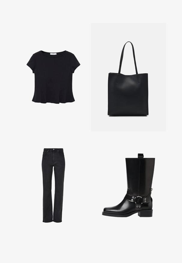 Crni kratki rukav majica od mekog materijala, s okruglim izrezom i raširenim rubom s suptilnim detaljima šavova.; Crne traperice ravnog kroja, visokog struka, izrađene od denima, sa prednjim zatvaranjem na dugme i dizajnom s pet džepova, uz suptilne detalje šivanja.; Crne kožne čizmice do koljena s šiljastim prstima, sličnim srebrnim kopčama i debelim potplatima. Imaju rupicu za lakše oblačenje.; Crna kožna torba za nošenje s glatkom teksturom, pravokutnim oblikom i dvije duge ručke. Nema vidljivih metalnih dijelova ili ukrasa.