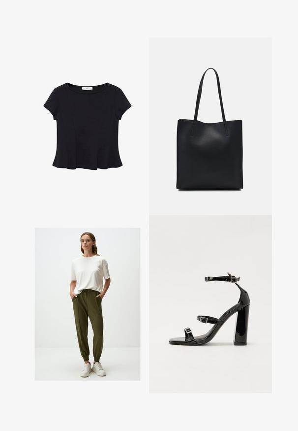 Zwarte korte mouwen top van zacht materiaal, met een ronde halslijn en een uitlopende onderkant met subtiele naaddetail. ; Witte t-shirt met korte mouwen in combinatie met olijfgroene joggers met een trekkoord in de taille en elastische manchetten. Gemaakt met witte sneakers.; Zwarte gepatenteerde sandalen met hak en een vierkante neus, enkelbandjes en zilveren gespen. Heeft een stevige blokhak voor stabiliteit.; Zwarte leren handtas met een gladde textuur, rechthoekige vorm en twee lange handvaten. Geen zichtbare hardware of versieringen.
