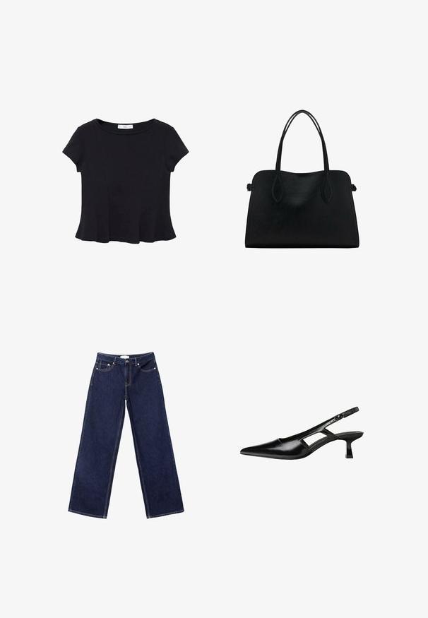 Čierny krátky rukáv top vyrobený z mäkkej tkaniny, s okrúhlym výstrihom a rozšíreným lemom s jemným švom.; Tmavomodré široké džínsy z denimu, so kontrastným prešitím, dizajnom s piatimi vreckami a zapínaním na gombíky.; Čierne lakované kožené lodičky na podpätku s špicatou špičkou, výrezovým dizajnom na boku a malým štvorcovým podpätkom. Hladký povrch s minimálnymi akcentmi.; Čierna kožená kabelka s dvojitými popruhmi na rameno, obdĺžnikový tvar a minimalistický dizajn na bielom pozadí.