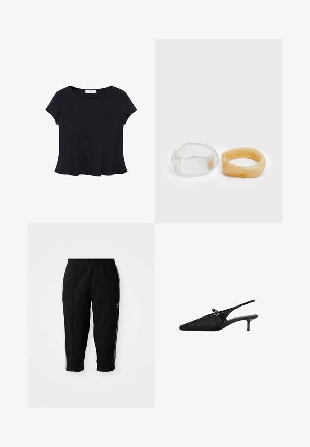 Črna majica s kratkimi rokavi iz mehkega materiala, z zaobljenim izrezom in razširjenim robom s subtilnim šivnim detajlom.; Črne športne hlače z elastičnim pasom, stranskimi žepi na zadrgo in belimi poudarnimi črtami ob šivih. Narejene iz gladkega, trpežnega materiala.; Črne slingback pete s koničastimi prsti, teksturirano mrežasto zgornje delo, ožji nastavljiv trak z vgraviranim sponko in 5 cm stiletto pete.; Jasni in jantarni smolnati prstani, en je gladek in prozoren, drugi pa s teksturiranim jantarjem. Obe imata zaobljene, debele oblike.
