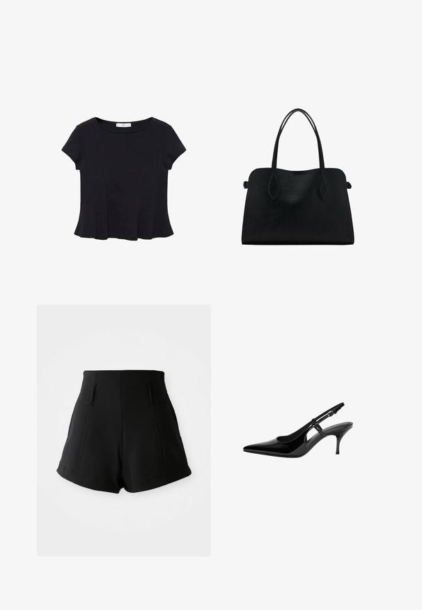 Top nero a maniche corte realizzato in un tessuto morbido, con scollatura rotonda e orlo svasato con dettagli di cucitura discreti.; Pantaloni corti neri a vita alta realizzati in tessuto liscio, con due tasche anteriori, una vestibilità sartoriale e linee pulite e semplici.; Pumps slingback in vernice nera con punta affusolata, ritagli laterali aperti, tacco sottile e cinturino alla caviglia regolabile.; Borsa a mano in pelle nera con doppio manico, forma rettangolare e design minimalista su sfondo bianco.