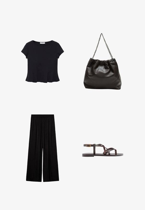 Zwarte korte mouwen top van zacht materiaal, met een ronde halslijn en een uitlopende onderkant met subtiele naaddetail. ; Mango Broek - black; Bruine leren sandaal met kruisingen van banden, een enkelgesp-sluiting en een platte zool met minimale stikdetails.; Bruine leren tas met een geplooide bovenkant en een kettinghengsel. Glad textuur met een glanzende afwerking en subtiele naaddetails aan de zijkanten.