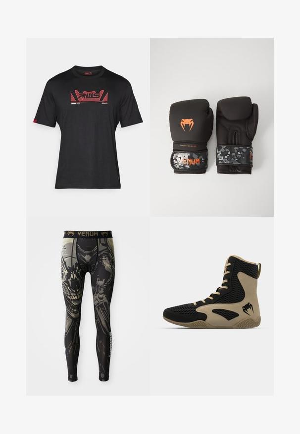 Melnā kokvilnas T-kreklā ar apaļu apkakli, priekšpusē ir sarkans grafiskais dizains, kurā ietilpst burti "RWLS" un ģeometriskie akcenti.; Melna un pelēka saspiešanas legingi ar sīk detalizētu robota vai kiborga sejas dizainu un "VENUM" logo uz jostas.; Augstas augšas sporta apavi ar melnu sietiņu ārpusi un bežām akcentiem. Strukturēta gumijas zole un logo detalizācija sānos.; Melni boksa cimdi ar matētu apdari un ergonomisku dizainu. Oranža logo detaļa un maskēšanās raksta plaukstas siksnas.