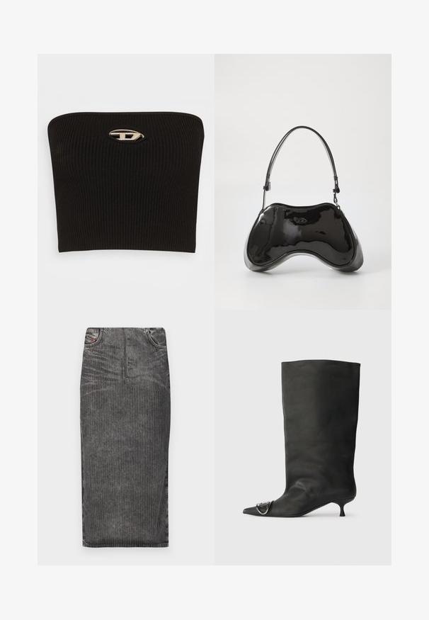Μαύρη ριχτή strapless μπλούζα με μια χαρακτηριστική ασημί οβάλ λεπτομέρεια στο κέντρο. Λείο υφή και εφαρμοστό σχέδιο.; Γκρι τζιν μίντι φούστα με κάθετες ρίγες, διαθέτει ψηλή μέση, πέντε τσέπες και καθαρή γραμμή στο κάτω μέρος.; Μαύρη δερμάτινη μποτάκι στον αστράγαλο με μυτερή μύτη, μικρό τακούνι και μεταλλική λεπτομέρεια στη μύτη. Λείος, ματ υφή σε όλη την επιφάνεια.; Μαύρη λαμπερή δερμάτινη τσάντα με μοναδικό καμπυλωτό σχήμα, κοντό ρυθμιζόμενο χερούλι και επάνω με φερμουάρ. Λείο υλικό με διακριτική σήμανση.