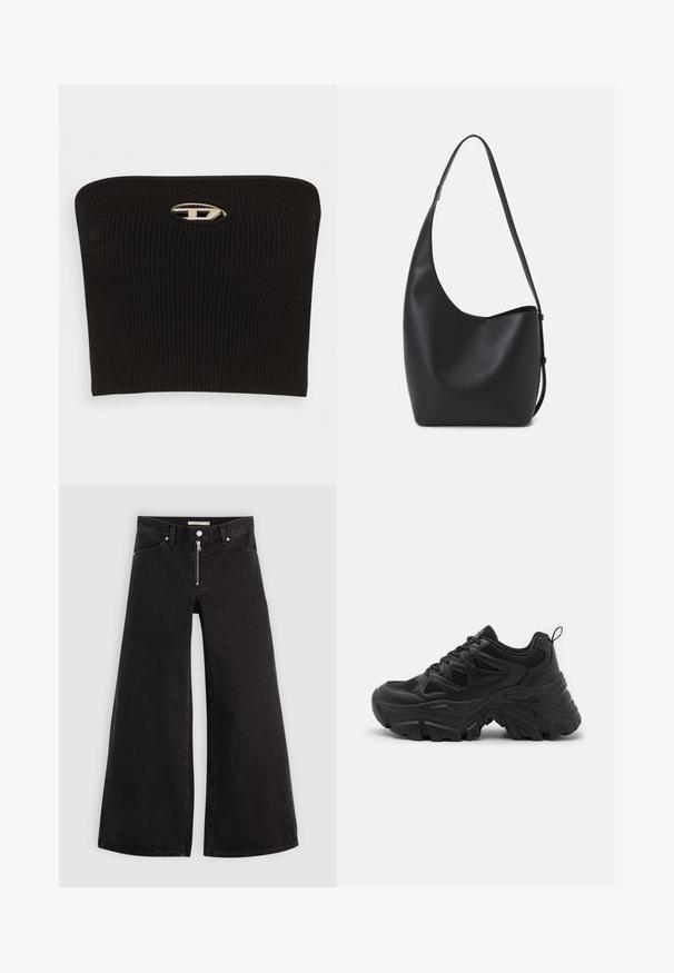 Top negru fără bretele, cu un detaliu oval distinctiv din argint în centru. Textură netedă și design ajustat.; Jeans cu picioare largi din denim negru, cu fermoar în față, design cu cinci buzunare și detalii subtile de cusătură. Textură netedă și stil casual.; Pantofi sport negri cu un superior din plasă texturată, talpă din cauciuc curbată și un model de protecție proeminent. Prezintă șireturi integrate și o bandă de prindere.; Geantă hobo din piele neagră, cu o textură netedă, formă curbată și un singur bretele ajustabil; are o deschidere largă în partea de sus.