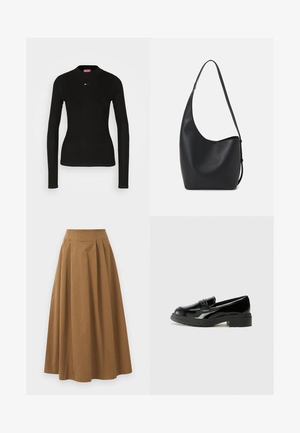 Bluză neagră cu mâneci lungi, din material ribatat, cu guler rotund și un mic logo roșu Diesel brodat pe piept.; Fustă A-line din bumbac maro, cu talie înaltă, având pliseuri pe față și o textură netedă. Marginile sunt finisate curat și simplu.; Loafers negri din piele lăcuită, cu o talpă groasă din cauciuc negru, având un vârful cusut și o suprafață netedă și lucioasă.; Geantă hobo din piele neagră, cu o textură netedă, formă curbată și un singur bretele ajustabil; are o deschidere largă în partea de sus.