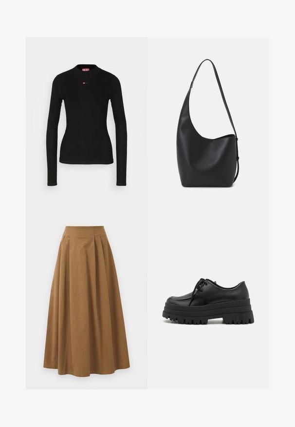 Melna garu piedurkņu krekls, kas izgatavots no ribu auduma, ar apaļu kakla izmēru un mazu sarkanu Diesel logotipu izšuvumu uz krūtīm.; Brūna kokvilnas A formas svārki ar augstu jostasvietu, kurai priekšā ir krokas un gluda tekstūra. Apakšmala ir tīra un vienkārša.; Even&Odd Šņorkurpes - black; Melnas ādas hobo soma ar gludu tekstūru, izliekta forma un vienu regulējamu jostu; augšā ir plaša atvere.