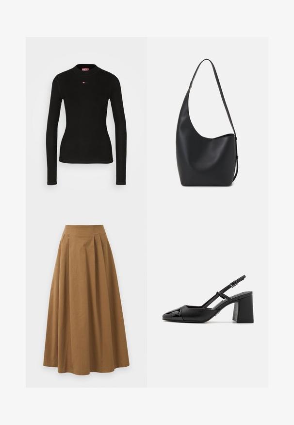 Top negro de manga larga confeccionado en tejido de canalé, con cuello redondo y un pequeño logo rojo de Diesel bordado en el pecho.; Falda de algodón marrón en corte A con una cintura alta, que presenta plisados en la parte frontal y una textura suave. Los acabados del dobladillo son limpios y simples.; Tacón slingback de charol negro con punta afilada, tacón cuadrado y correa ajustable. Textura suave y diseño minimalista.; Bolso tipo hobo de cuero negro con una textura suave, forma curvada y una sola correa ajustable; presenta una amplia apertura en la parte superior.