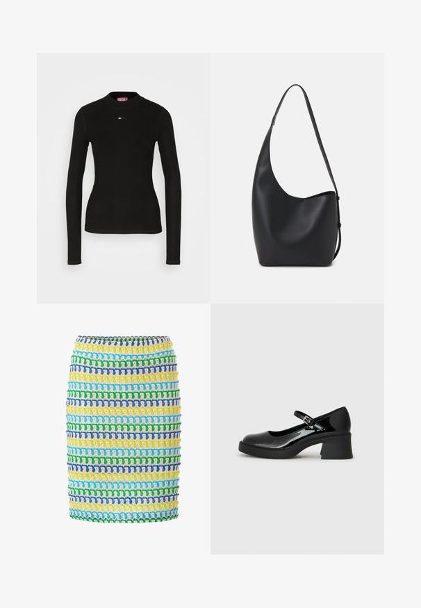 Mustapaita, jossa on pitkä hiha ja ribbikangasta, pyöreä kaula-aukko sekä pieni punainen Diesel-logo brodeerattuna rintaan.; Kudottu hame, jossa on vaakasuoria keltaisia, vihreitä, sinisiä ja valkoisia kaistaleita. Teksturoitu, joustava kangas tiukalla siluetilla.; Musta lakattu Mary Jane -kengät pyöreällä varvalla, säädettävällä hihnalla ja leveällä neliökorolla. Ominaisuuksiin kuuluu teksturoitu pohja.; Musta nahkainen hobo-laukku, jossa on sileä pinta, kaareva muoto ja yksi säädettävä olkahihna; sisäänkäynti on leveä ylhäältä.