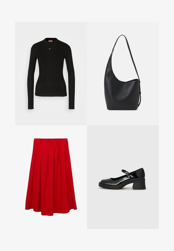Schwarzes Langarmshirt aus geripptem Stoff, mit Rundhalsausschnitt und einem kleinen roten Diesel-Logo auf der Brust.; Roter, knielanger Rock mit gerafftem Taillenbund und fließendem A-Linie-Design. Hergestellt aus glattem Stoff ohne sichtbare Muster oder Akzente.; Schwarze Lackleder-Mary-Jane-Schuhe mit runder Zehenform, verstellbarem Riemen und klobigem quadratischen Absatz. Mit strukturiertem Sohlenprofil.; Schwarze Leder-Hobo-Tasche mit einer glatten Textur, geschwungener Form und einem einzelnen verstellbaren Tragegurt; verfügt über eine weite Öffnung am oberen Ende.