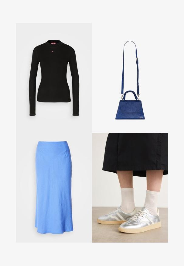 Schwarzes Langarmshirt aus geripptem Stoff, mit Rundhalsausschnitt und einem kleinen roten Diesel-Logo auf der Brust.; Helles blau, langer Rock mit glatter Textur, ausgestellt am Saum und einfachem Design. Verfügt über einen taillierten Bund und subtile Nahtdetails.; Silberne synthetische Turnschuhe mit weißen Streifen, cremefarbener Sohle und strukturiertem Material; kombiniert mit hellen gerippten Socken und einem schwarzen Rock.; Blaue Kunstleder-Handtasche mit dreieckiger Form, oberem Griff und verstellbarem Schulterriemen. Sie bietet eine glatte Textur und eine Frontklappe.; Goldfarbene Ohrhänger mit einem kreisförmigen weißen Stecker und einer tropfenförmigen weißen Perle mit einem verjüngten goldenen Akzent.