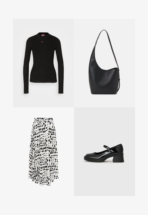 T-shirt noir à manches longues en tissu à côtes, avec un col rond et un petit logo Diesel rouge brodé sur la poitrine.; Jupe à motif noir et blanc avec une taille élastique, présentant un design fluide plissé et un ourlet asymétrique.; Chaussure Mary Jane en cuir verni noir avec un embout arrondi, une sangle réglable et un talon carré épais. Présente une semelle texturée.; Sac hobo en cuir noir avec une texture lisse, une forme incurvée et une seule sangle réglable ; dispose d'une large ouverture en haut.