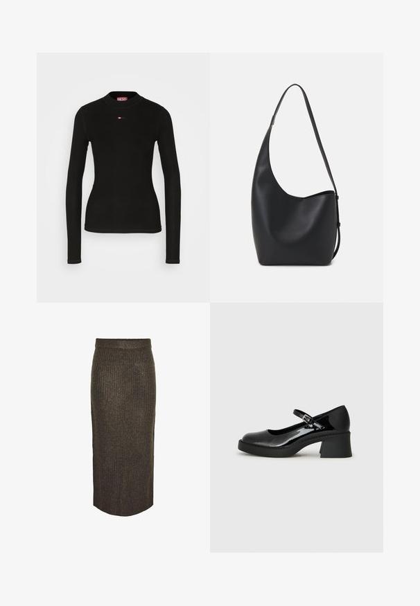 Mustapaita, jossa on pitkä hiha ja ribbikangasta, pyöreä kaula-aukko sekä pieni punainen Diesel-logo brodeerattuna rintaan.; Pieces Maksihame - morel; Musta lakattu Mary Jane -kengät pyöreällä varvalla, säädettävällä hihnalla ja leveällä neliökorolla. Ominaisuuksiin kuuluu teksturoitu pohja.; Musta nahkainen hobo-laukku, jossa on sileä pinta, kaareva muoto ja yksi säädettävä olkahihna; sisäänkäynti on leveä ylhäältä.