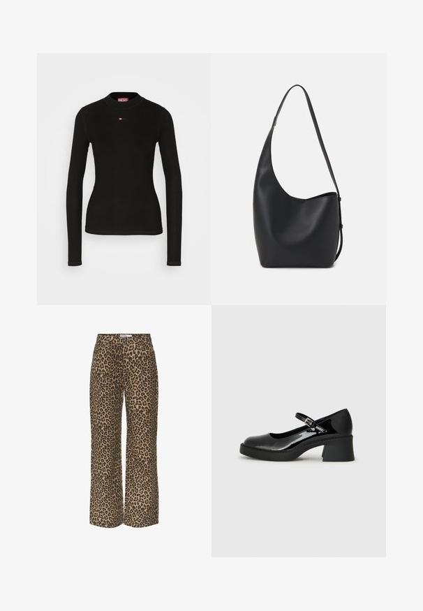 Juodas ilgarankovis marškinėlis, pagamintas iš raštuoto audinio, su apvaliu kaklu ir mažuoju raudonu "Diesel" logotipu, siuvinėtu ant krūtinės.; Tango leopardų raštuoti plačios kojos kelnės, smėlio ir juodos spalvų derinyje, su klasikiniu juosmeniu ir nepriveržtu, kasdienišku siluetu.; Juodais lakuotais odiniais Mary Jane batais su apvaliu toe, reguliuojama juostele ir masyviu kvadratiniu kulnu. Turi tekstūruotą padą.; Juodas odinis hobo maišas su lygiu paviršiumi, kreipta forma ir viena reguliuojama rankena; turi platų atidarymą viršuje.