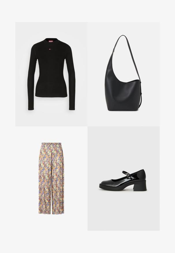 Fekete, hosszú ujjú póló ribbed anyagból, kerek nyakkivágással és egy kis piros Diesel logóval a mellkasán.; Mintázott, bő szabású nadrág, smockolt derékkal. A színek között szerepel a sárga, lila, kék és zöld, egy fröccsenés mintában.; Fekete lakk bőr Mary Jane cipő kerek orral, állítható pánttal és tömzsi négyzetes sarokkal. A talpa texturált.; Fekete bőr hobo táska sima textúrával, ívelt formával és egyetlen állítható pánttal; széles nyílás található a tetején.