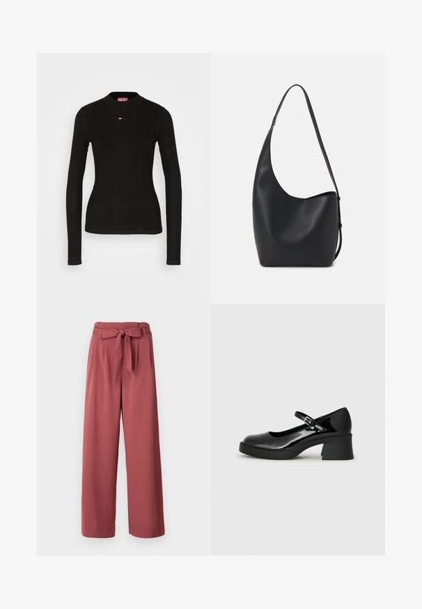 Schwarzes Langarmshirt aus geripptem Stoff, mit Rundhalsausschnitt und einem kleinen roten Diesel-Logo auf der Brust.; Weite Hose in einem staubigen Rosaton, aus einem weichen Stoff, mit einem gebundenen Gürtel in der Taille und seitlichen Taschen.; Schwarze Lackleder-Mary-Jane-Schuhe mit runder Zehenform, verstellbarem Riemen und klobigem quadratischen Absatz. Mit strukturiertem Sohlenprofil.; Schwarze Leder-Hobo-Tasche mit einer glatten Textur, geschwungener Form und einem einzelnen verstellbaren Tragegurt; verfügt über eine weite Öffnung am oberen Ende.