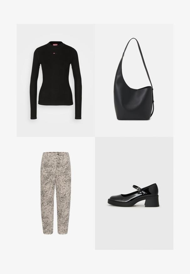 T-shirt noir à manches longues en tissu à côtes, avec un col rond et un petit logo Diesel rouge brodé sur la poitrine.; Pantalons à imprimé léopard avec un fond beige, dotés d'une taille élastique, de jambes droites et d'une texture de tissu douce.; Chaussure Mary Jane en cuir verni noir avec un embout arrondi, une sangle réglable et un talon carré épais. Présente une semelle texturée.; Sac hobo en cuir noir avec une texture lisse, une forme incurvée et une seule sangle réglable ; dispose d'une large ouverture en haut.