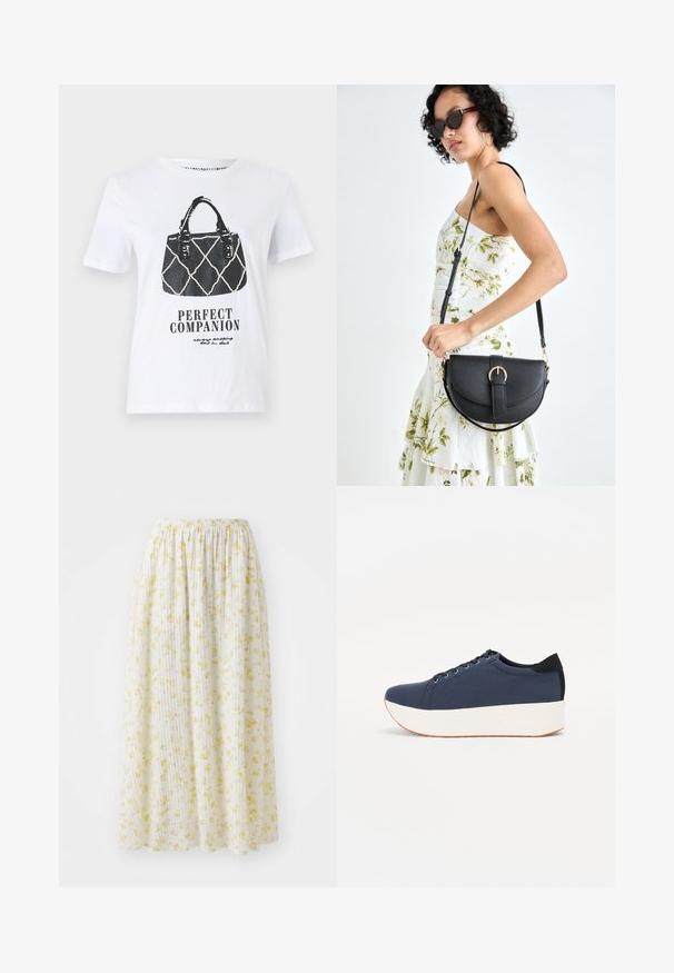 Valge t-särk, millel on must graafika käekotist, millel on tikandmusterdus, nahkrihmad ja tekst "IDEAALNE SELTSILANE" all.; Valge lilleline midi-seelik kollaste lilleprintidega, elastse vöökoha ja klappidega struktuuriga, valmistatud kergetest ja voolavatest kangast.; Tumedat sinised tennised tekstureeritud riidest pealispinnaga, valge platvormi tallaga, ümarate varvaste ja musta kontsapaneeliga. Omab kuut silma paelte jaoks.; Mustmust mustraha kõverate joontega, eemaldatava rihmaga ja kuldsete detailidega. Kotil on klapp, millel on pandladetail.