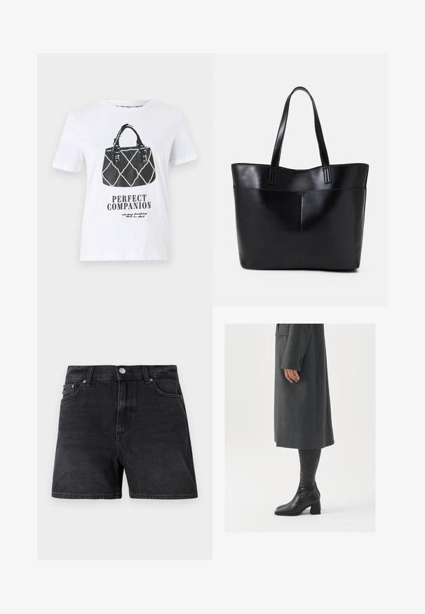 Valge t-särk, millel on must graafika käekotist, millel on tikandmusterdus, nahkrihmad ja tekst "IDEAALNE SELTSILANE" all.; Mustad denim lühikesed püksid klassikalise lõikega, millel on nööpidega sulgur, ees taskud ja sile, veidi tekstureeritud kangas.; Hallhalline, kohandatud ülikond jakk sirge lõikega; kombineeritud kuni põlveni ulatuvate mustade nahast saapadega, millel on nelinurkne varvas ja paks konts.; Must mustaga musta nahast, millel on kaks pikka kanda, sile tekstuur ja struktureeritud kuju. Esipoolsel on lisakoti jaoks tasku.