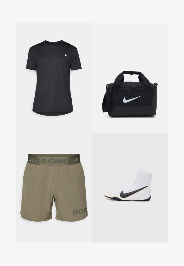 Μαύρη κοντομάνικη μπλούζα φτιαγμένη από λείο ύφασμα, με στρογγυλή λαιμόκοψη και μικρό λευκό λογότυπο στην αριστερή περιοχή του στήθους.; Ανδρικά σορτς σε ελαιόλευκο ύφασμα με ελαστική μέση και λογότυπο "BJÖRN BOR". Λείο υλικό, κοπή μέχρι το μέσο του μηρού, ραμμένες λεπτομέρειες στο στρίφωμα.; Αθλητικό παπούτσι Nike σε λευκό χρώμα με μαύρη καμπύλη. Διαθέτει ψηλό σχεδιασμό, υφασμάτινο επάνω μέρος και ανθεκτική εξωτερική σόλα από καουτσούκ.; Μαύρη τσάντα duffel με απαλό ύφασμα, διπλές διαμερίσματα με φερμουάρ, μαλακούς ιμάντες και μεγάλο λευκό λογότυπο Nike μπροστά.