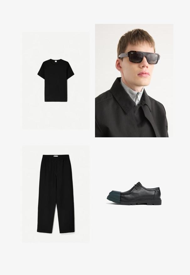 Schwarzes T-Shirt mit kurzen Ärmeln, klassischem Rundhalsausschnitt, aus weichem Baumwollmaterial, mit glatter Textur und ohne sichtbare Muster oder Akzente.; Schwarze, weit geschnittene Hose aus leichtem Stoff. Mit elastischem Bund und glatter Textur. Keine sichtbaren Muster oder Beschläge.; Schwarze Lederschuhe mit runder Zehenpartie, die eine grüne Gummiüberlage aufweisen. Entworfen mit einer glatten Oberfläche und einer dicken, strukturierten Sohle.; Schildpatt-Sonnenbrille mit schwarzen Akzenten und rechteckiger Form. Graue Bügel mit Markenlogo. Getragen mit einem schwarzen Mantel und grauem Rollkragenoberteil.