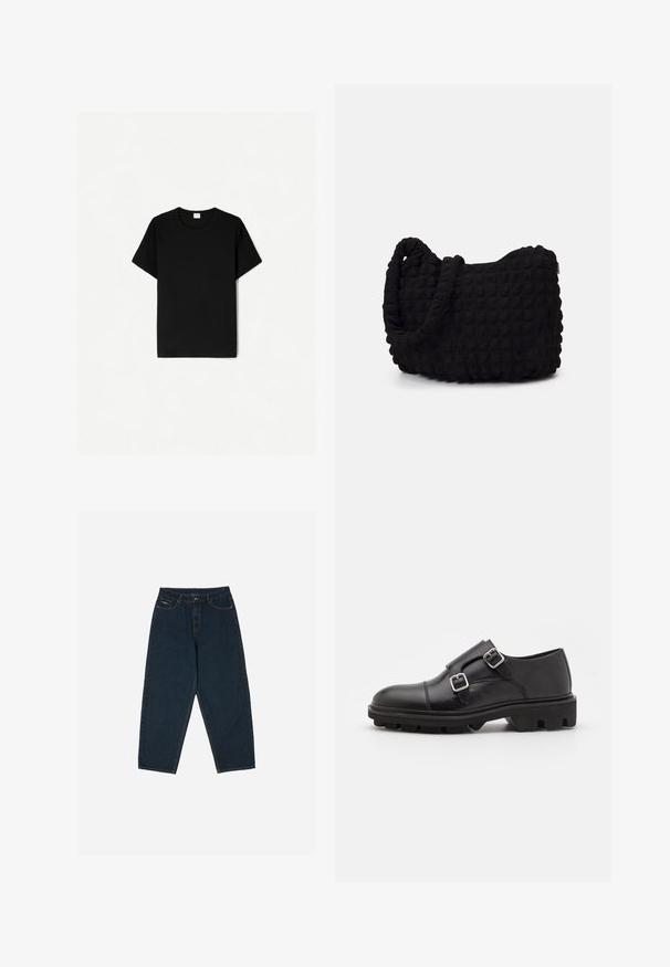 Schwarzes T-Shirt mit kurzen Ärmeln, klassischem Rundhalsausschnitt, aus weichem Baumwollmaterial, mit glatter Textur und ohne sichtbare Muster oder Akzente.; Dunkelblaue, hochgeschnittene Jeans mit lockerer Passform, ausgestattet mit fünf Taschen und einem Knopfverschluss. Hergestellt aus Denim mit glatter Textur.; Walk London FELIX MONK - Slipper - black; Schwarze Stofftasche mit einer strukturierten, gesteppten Oberfläche. Abgerundete Form, kurze, dicke Griffe und eine weiche, flexible Struktur.