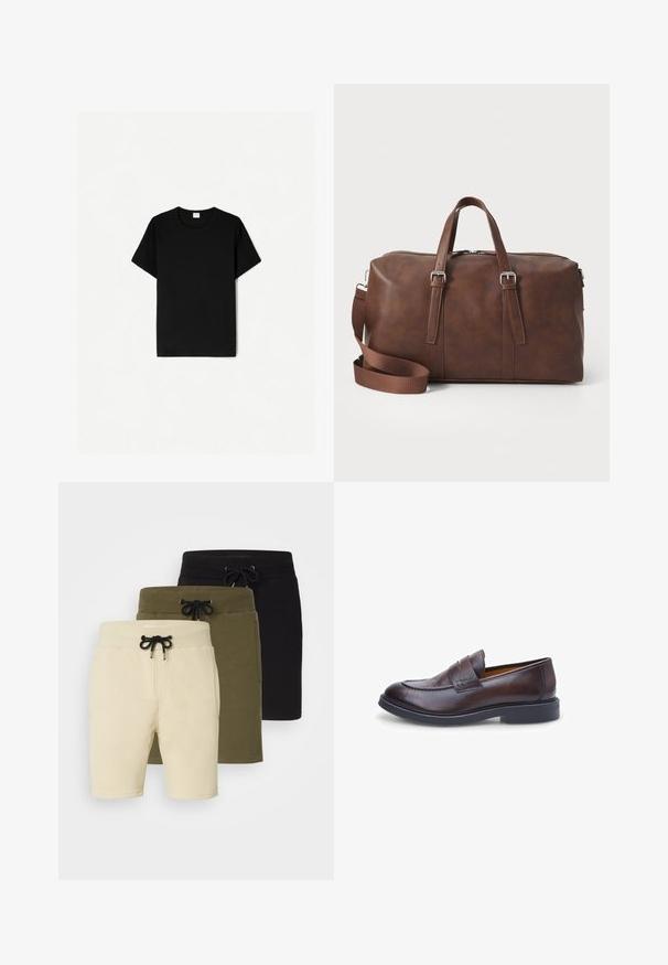 Crna majica kratkih rukava, dizajn s okruglim izrezom, izrađena od mekog pamučnog materijala, s glatkom teksturom i bez vidljivih uzoraka ili akcenta.; Tri par kratkih hlača u bež, maslinasto zelenoj i crnoj boji. Svaka ima pojas s vezicom i džepove, izrađene su od mekog, rastezljivog materijala.; Smeđa kožna loferica s glatkom teksturom, zaobljenim vrhom i dvostrukom remenom; ima crnu gumenu potplat i šivane detalje.; Smeđi kožni putni kovčeg s gornjim ručkama, odvojivim remenom, zatvaranjem na zip i glatkom teksturom. Minimalistički dizajn bez vidljivih logotipa.