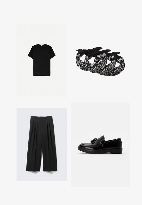 Schwarzes T-Shirt mit kurzen Ärmeln, klassischem Rundhalsausschnitt, aus weichem Baumwollmaterial, mit glatter Textur und ohne sichtbare Muster oder Akzente.; Schwarze weit geschnittene Hose mit Falten, Knopfverschluss und Gürtelschlaufen, flach auf einem neutralen Hintergrund präsentiert.; Schwarze Lederloafers mit flacher Sohle, die eine dekorative Quaste auf dem Spann und genähte Details entlang der Ränder aufweisen.; Schwarz-weiße Bandanas mit einem Paisleymuster, aus leichtem Stoff gefertigt und mit gebundenen Enden für anpassbare Styles.