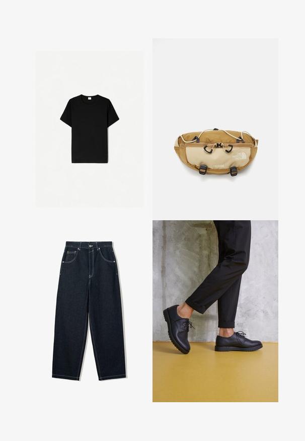 Črna kratkodlaka majica s kratkimi rokavi, krojena z okroglim izrezom, izdelana iz mehkega bombažnega materiala, z gladko teksturo in brez vidnih vzorcev ali dodatkov.; Široke temno jeans hlače z belo kontrastno šivanko, petimi žepi in gumbom za zapiranje. Imajo visok pas.; Črne usnjene čevlje na vezalke z zaobljenim nosom, teksturirano površino in debelim gumijastim podplatom. Nosi se z zvitimi črnimi hlačami na betonski podlagi.; The North Face TERRA LUMBAR 3L UNISEX - Torbica za okoli pasu - utility brown/khaki stone