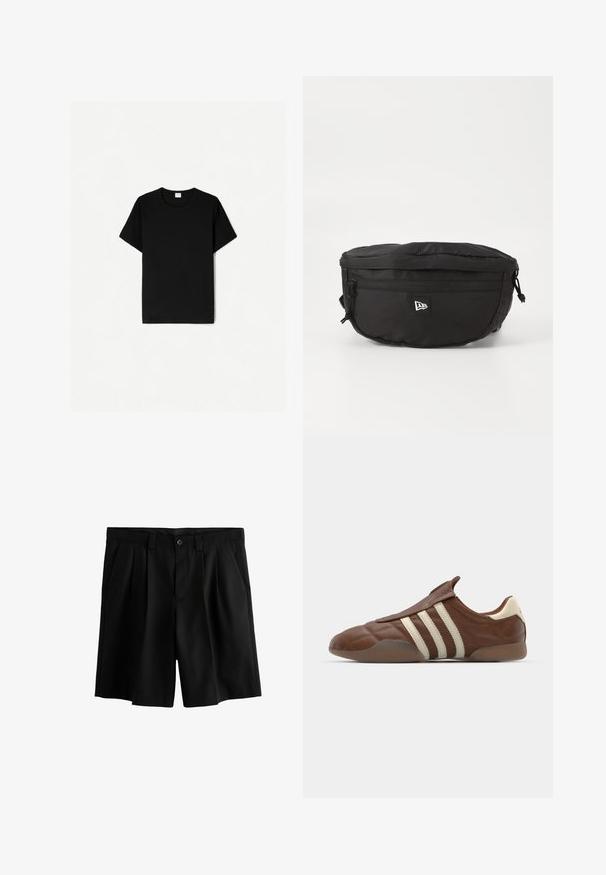 Sort kortærmet t-shirt med rund hals, lavet af blødt bomuldsstof, med en glat tekstur og uden synlige mønstre eller detaljer.; Sorte shorts med plisseret design, knaplukning og en glat tekstur. Taljeholderen inkluderer bæltesløjfer for ekstra stil.; adidas Originals TAEKWONDO MEI - Loafers - preloved brown/cream white; Sort taljeväske lavet af nylon; har en frontlynlås lomme, justerbar rem og et logo mærke. Rund form med en glat overflade.