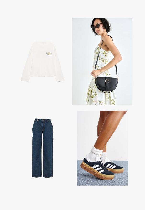 Bílý bavlněný tričko s dlouhým rukávem a volným střihem, se středovým potiskem, který zahrnuje text "žij naplno" a barevný design.; Tmavě modré džínové kalhoty typu cargo s vysokým pasem, širokými nohavicemi a bočními kapsami. Mají viditelné švy a kovové ozdoby.; Černé semišové tenisky s bílými pruhy a detaily, zaoblenou špičkou, podrážkou z gumy barvy žvýkačky, doplněné bílými žebrovanými ponožkami ke kotníkům.; Černá kožená kabelka s křivkovým tvarem, odnímatelným popruhem a zlatými detaily. Kabelka má klopu s přezkou.