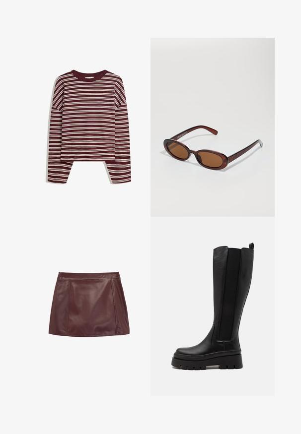 Burgundy long-sleeve top with white horizontal stripes. Features a round neckline and side slits at the hem for a relaxed fit.; Burgundy leather mini skirt with a smooth texture, featuring a fitted waistband and side panels for structured design.; Black knee-high boot made of smooth leather with elastic side panels, chunky platform sole, and ribbed texture on the base.; Round, brown-tinted sunglasses with a glossy burgundy frame. Slim arms with subtle branding detail. Flat lens design.; Brown synthetic handbag with a glossy finish, featuring two front pockets, stitched accents, and dual handles for carrying.