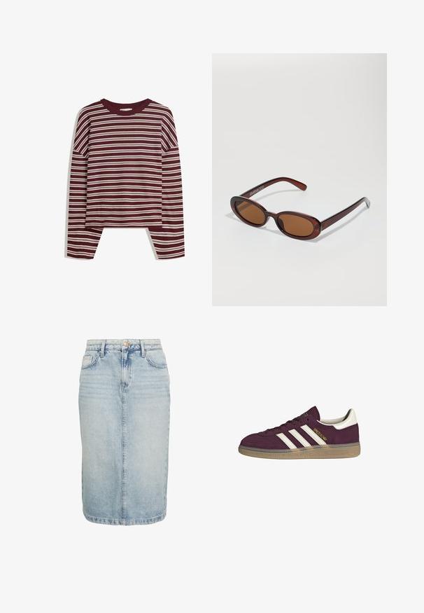 Haut bordeaux à manches longues avec des rayures blanches horizontales. Présente un col rond et des fentes latérales à l'ourlet pour un ajustement décontracté.; Jupe crayon en denim bleu clair, avec taille haute, fermeture à boutons à l'avant, poches cousues et coupe droite avec ourlet effiloché.; Baskets en suède bordeaux avec trois bandes blanches et accents beige. Elles possèdent une semelle en caoutchouc texturé et un logo doré sur le côté.; Lunettes de soleil rondes teinte brun avec une monture bordeaux brillante. Branches fines avec un détail de marque subtil. Design de verres plats.; Sac à main en cuir tissé marron avec une forme triangulaire et souple. Il possède une poignée tressée et une fermeture éclair sur le dessus.