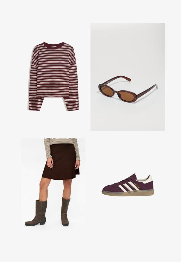 Burgundská dlouhá halenka s bílými vodorovnými pruhy. Obsahuje kulatý výstřih a boční rozparky na lemu pro uvolněný střih.; Žena v hnědé sukně po kolena, pruhovaném topu s dlouhým rukávem a tmavě hnědých kožených botách po lýtka stojí na bílém pozadí.; Bordové semišové tenisky s bílými třemi pruhy a béžovými akcenty. Mají texturovanou gumovou podrážku a zlaté logo na boku.; Kulaté sluneční brýle hnědé barvy s lesklým burgundským rámem. Úzké nožičky s jemným logem. Rovné čočky.; Hnědá pletená kožená kabelka s uvolněným trojúhelníkovým tvarem. Disponuje spleteným uchem a zipovým uzavíráním na vrchu.