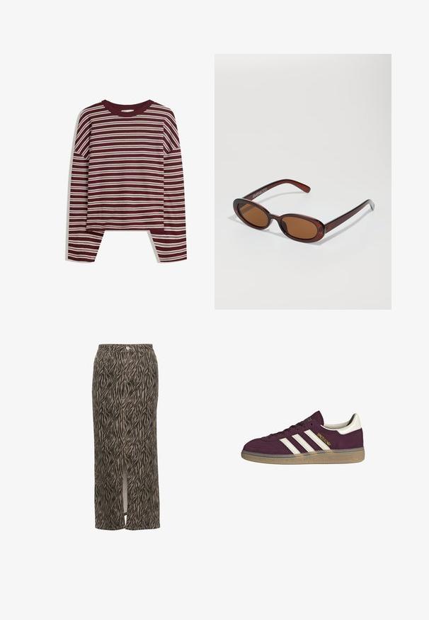 Burgunderfarbene Langarmbluse mit weißen horizontalen Streifen. Verfügt über einen runden Halsausschnitt und seitliche Schlitze am Saum für eine lockere Passform.; Kaffe LEONDRA - Maxirock - feather gray black animal; Bordeauxfarbene Wildledersneaker mit weißen drei Streifen und beigen Akzenten. Verfügt über eine strukturierte Gummisohle und goldene Markenlogo auf der Seite.; Runde, braun getönte Sonnenbrillen mit einem glänzenden burgunderfarbenen Rahmen. Schlanke Bügel mit dezentem Branding. Flaches Linsendesign.; Braune, geflochtene Lederhandtasche mit einer lässigen, dreieckigen Form. Verfügt über einen geflochtenen Griff und einen Reißverschluss an der Oberseite.