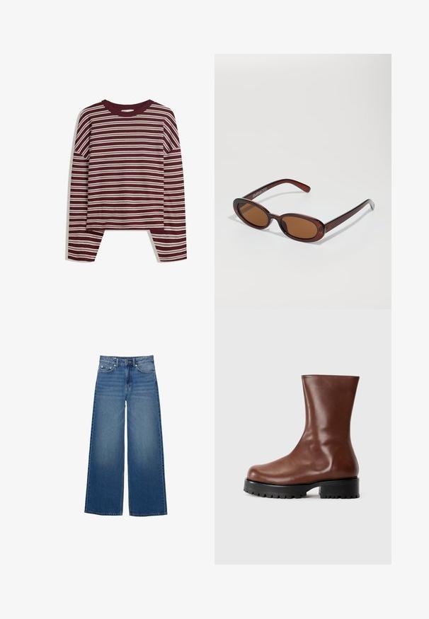 Bordo dukserica dugih rukava s bijelim horizontalnim prugama. Ima okrugli izrez i bočne proreze na rubu za opušteni kroj.; Široke plave traperice od denima, visokog struka, sa šivanim detaljima i jednostavnim dizajnom s blagim efektom izbljeđivanja.; Smeđe kožne čizme do sredine lista s zaobljenim vrhom i debelim crnim potplatom s utorima i blok-petom na jednobojnoj svijetloj pozadini.; Okvir okruglih, smeđkastih sunčanih naočala s sjajnim burgundskim okvirom. Uski nositelji s suptilnim brendiranjem. Ravna leća.; Smeškan smeđi kožni torbica u obliku trokuta. Ima pletenu ručku i patentni zatvarač na vrhu.