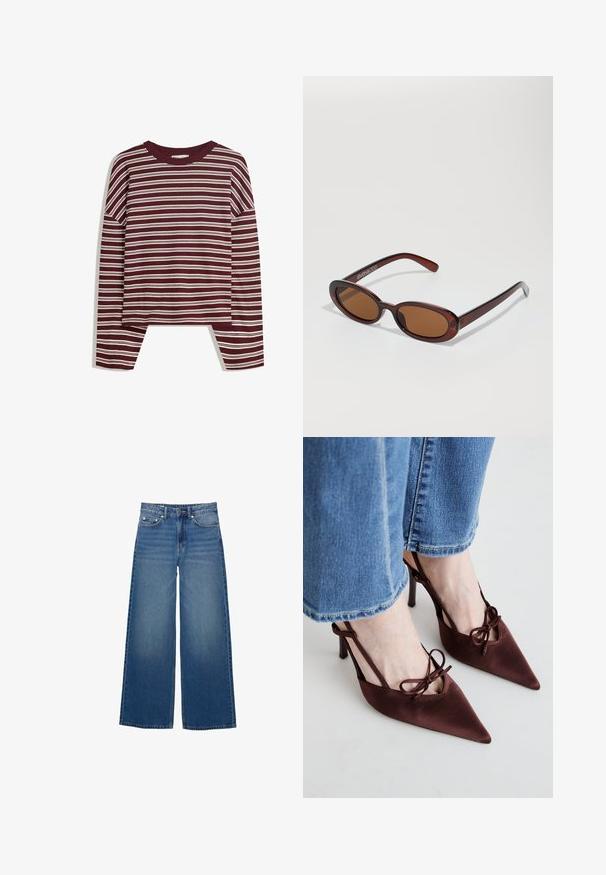 Burgundy pitkähihaiset paita, jossa on valkoiset vaakaraidat. Ominaisuuksiin kuuluu pyöreä pääntie ja sivuaukot helmassa rentoa istuvuutta varten.; Laivavärvilised laiad teksad, mis on valmistatud denimist, kõrge vöökoha ja õmblustega detailidega ning lihtsa disainiga, millel on kerge pleekimise efekt.; Simmi London KLARA - Korolliset avokkaat - chocolate; Pyöreät, ruskehtavat aurinkolasit, joissa on kiiltävä burgundinpunainen runko. Kapeat sivut, joissa on hienovarainen brändäys. Litteät linssit.; Ruskean kudottu nahkainen käsilaukku, jolla on löysä, kolmiomainen muoto. Varustettu punotulla kahvalla ja vetoketjukiinnityksellä ylhäällä.