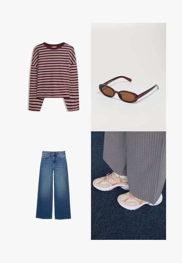 Burgundy långärmad topp med vita horisontella ränder. Har en rund halsringning och sidsprickor vid fållen för en avslappnad passform.; Vida jeans i denim med vida ben, hög midja, sydda detaljer och en enkel design med en lätt blekningseffekt.; Lätta atletiska skor i krämfärg, rosa och beige, med nätpaneler, tjocka vita sulor och snören, kombinerat med gråa randiga byxor.; Runda, bruntonade solglasögon med en glansig bordeauxfärgad ram. Smala bågar med subtilt varumärkesdetalj. Platt linsdesign.; Brun vävd läderhandväska med en slapp, triangulär form. Har ett flätat handtag och en dragkedjestängning längs toppen.