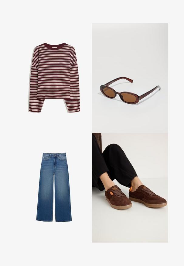 Top de culoare burgundă cu mânecă lungă și dungi orizontale albe. Prezintă un guler rotund și slits laterale la tiv pentru o potrivire lejeră.; Blugi evazati, de culoare albastră, fabricați din denim, cu talie înaltă, detalii cusute și un design simplu cu un ușor efect de decolorare.; Tenisi din suede maro cu vârf rotund, cu un material superior texturat și accente portocalii. Prezintă șireturi plate și o talpă din cauciuc.; Ochelari de soare rotunzi, cu nuanțe de brown și cu un cadru lucios de burgund. Brațe subțiri cu detalii subtile de branding. Design cu lentile plate.; Geantă din piele împletită, de culoare maro, cu o formă triangulară, lejeră. Are un mâner împletit și închidere cu fermoar pe partea superioară.