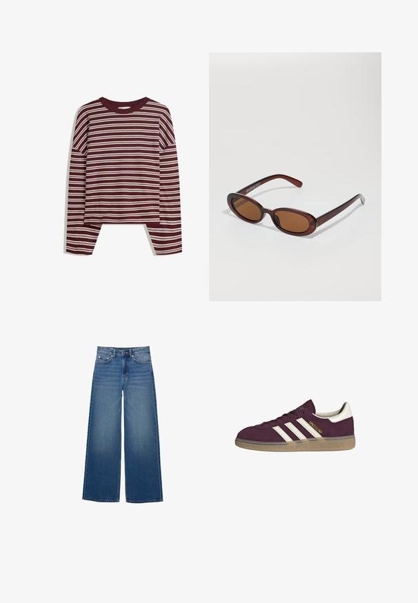 Burgundowa bluzka z długim rękawem w białe poziome paski. Posiada okrągły dekolt i rozcięcia po bokach u dołu, co zapewnia luźny krój.; Szerokie niebieskie dżinsy wykonane z denimu, z wysokim stanem, przeszyciami i prostym krojem z delikatnym efektem przetarcia.; Bordowe zamszowe trampki z białymi trzema paskami i beżowymi akcentami. Mają teksturowaną gumową podeszwę i złote oznaczenia po boku.; Okrągłe, brązowe okulary przeciwsłoneczne z błyszczącą bordową oprawą. Cienkie ramiona z subtelnym detalem marki. Płaski kształt soczewek.; Brązowa torebka skórzana pleciona o luźnym, trójkątnym kształcie. Posiada pleciony uchwyt i zamek błyskawiczny na górze.